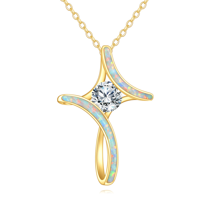 18K Gold Moissanite & Opal Cross Pendant Necklace-1