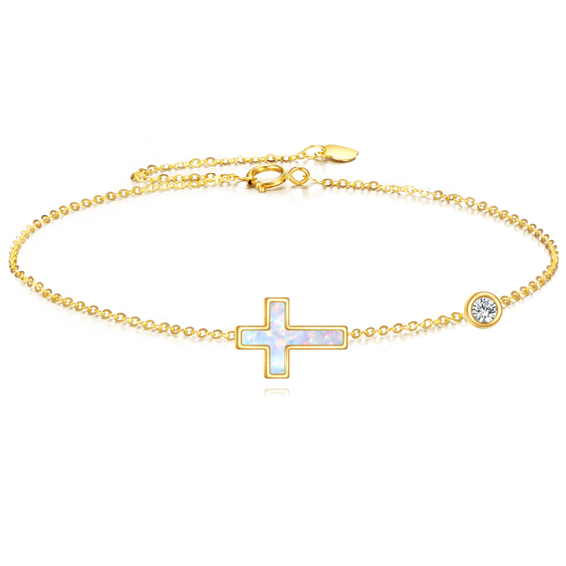 Pulsera de oro de 14 quilates con dije de cruz y círculo de moissanita y ópalo-1