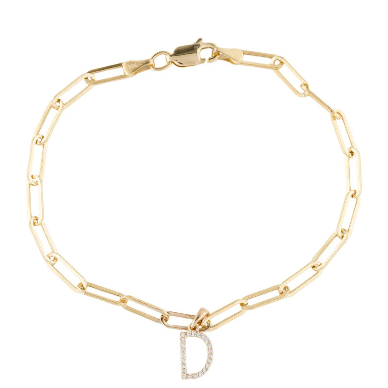 Bracelet trombone en or 14 carats et moissanite avec initiale D-1
