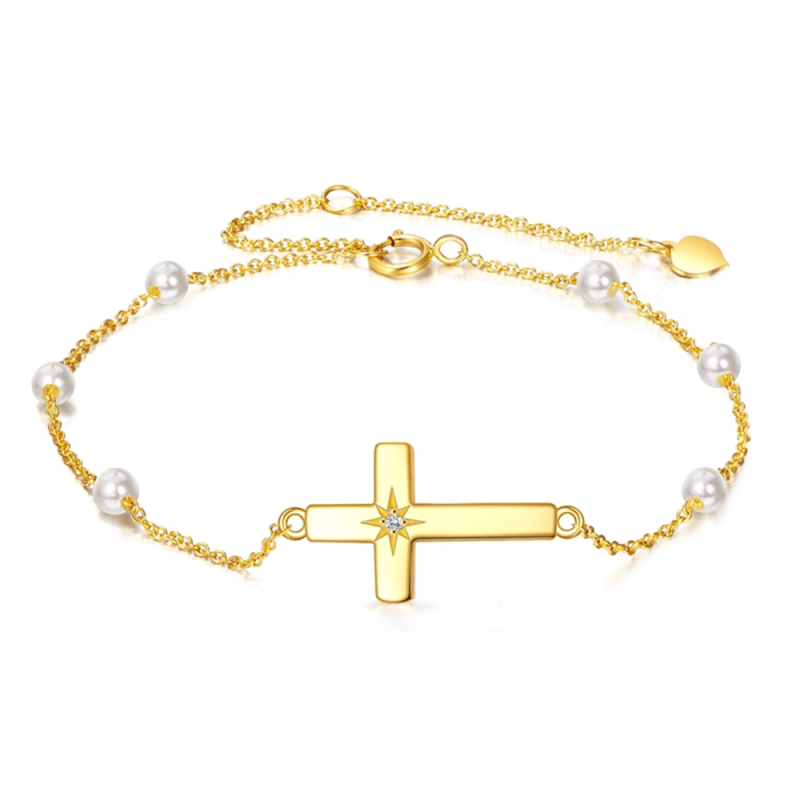 Armband mit Kreuzanhänger aus 10-karätigem Gold, Moissanit und Perle-1