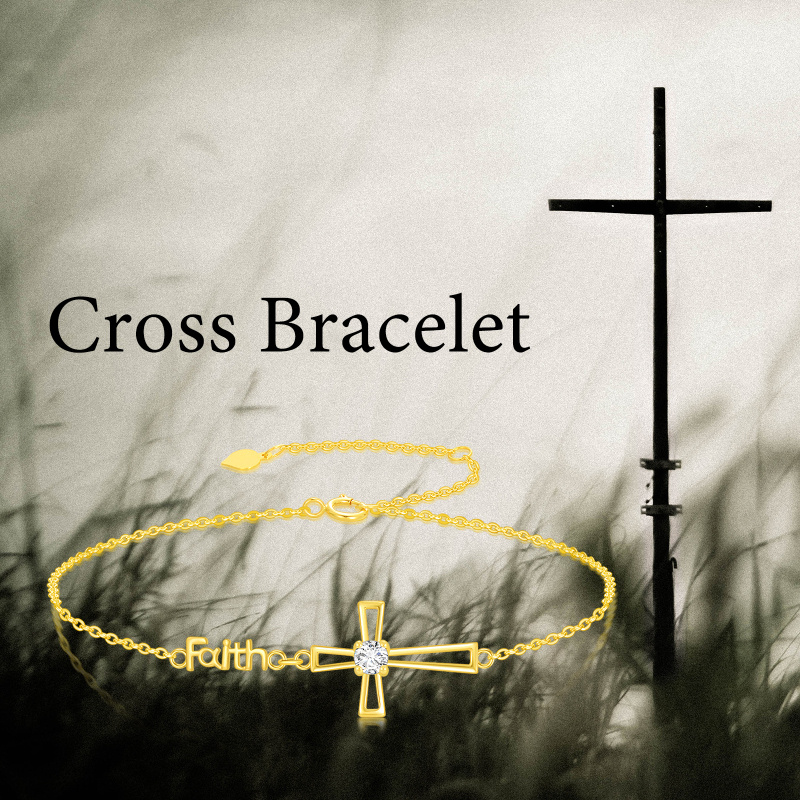 Pulsera con dije de cruz con grabado personalizado de moissanita en oro de 10 quilates-5