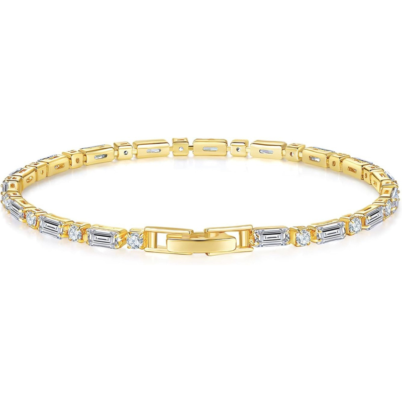 Bracelet Tennis en Or 14K avec Pierres Rectangulaires et Rondes en Moissanite-2