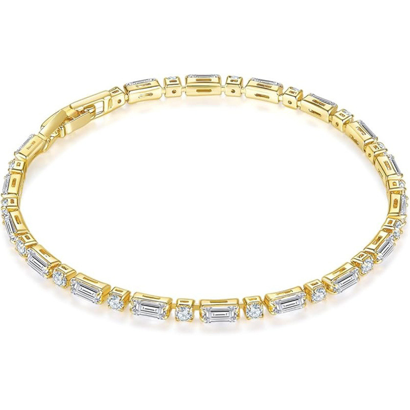 Bracelet Tennis en Or 14K avec Pierres Rectangulaires et Rondes en Moissanite-1