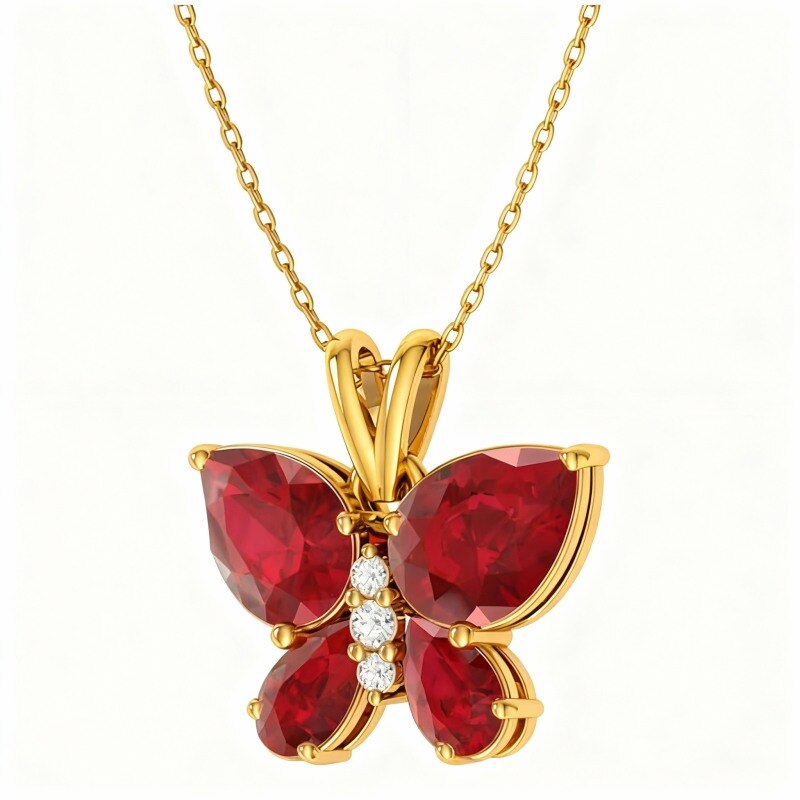 Collier pendentif papillon, mère et sœurs en or 14 carats, moissanite et rubis-1