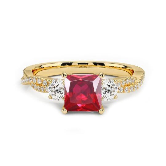 Anillo de compromiso de oro de 14 quilates con moissanita y rubí