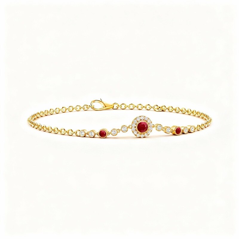 18K Gold Moissanite & Ruby Grandmother & Mother & Sisters & Round Charm Bracelet-1