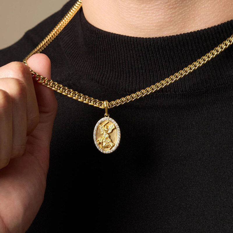 Collier pendentif Saint-Michel en or 18K avec moissanite pour hommes-2