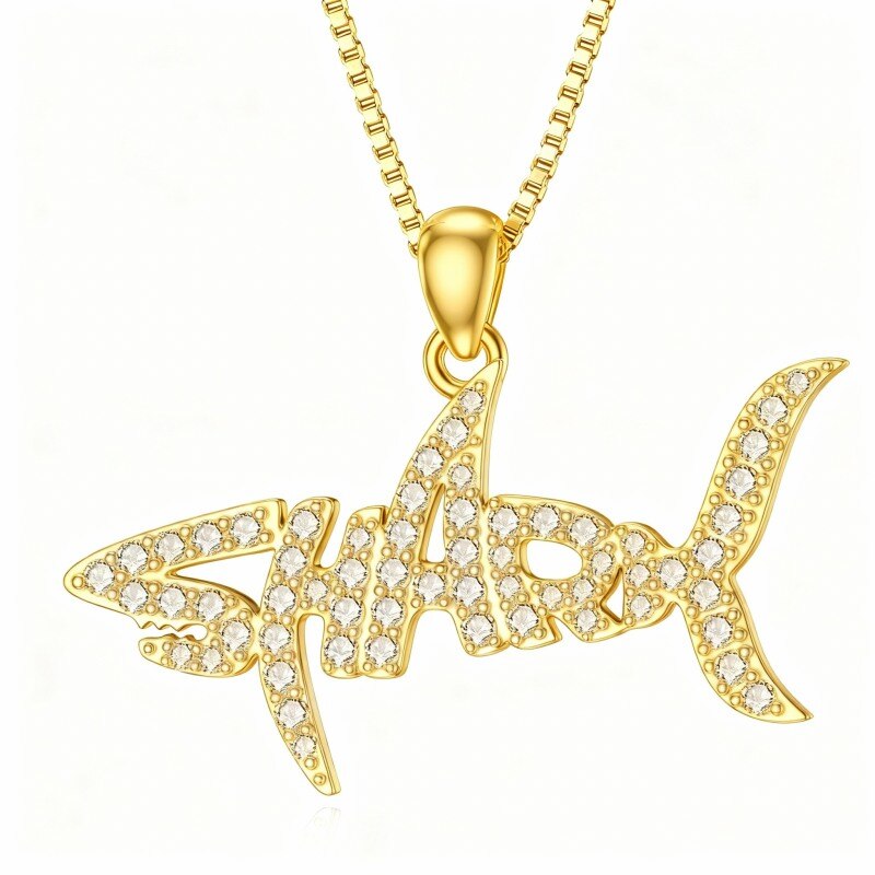 Collier pendentif requin en or 10 carats et moissanite-1
