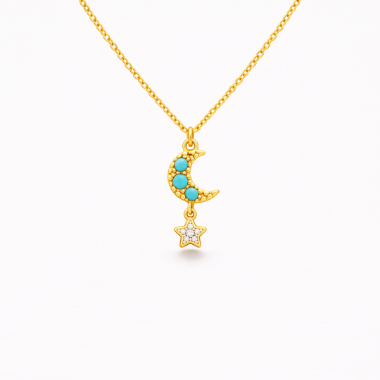 Colar com Pingente de Coração e Estrela em Ouro 10K com Moissanita e Turquesa