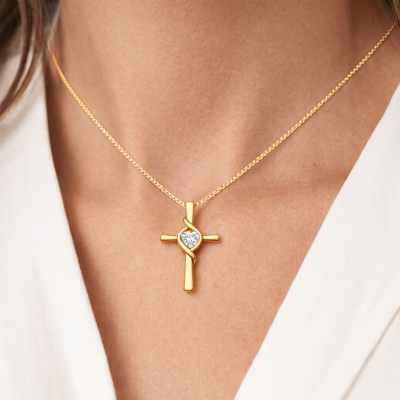 18K Gold Moissanite Women's Cross Pendant Necklace-2
