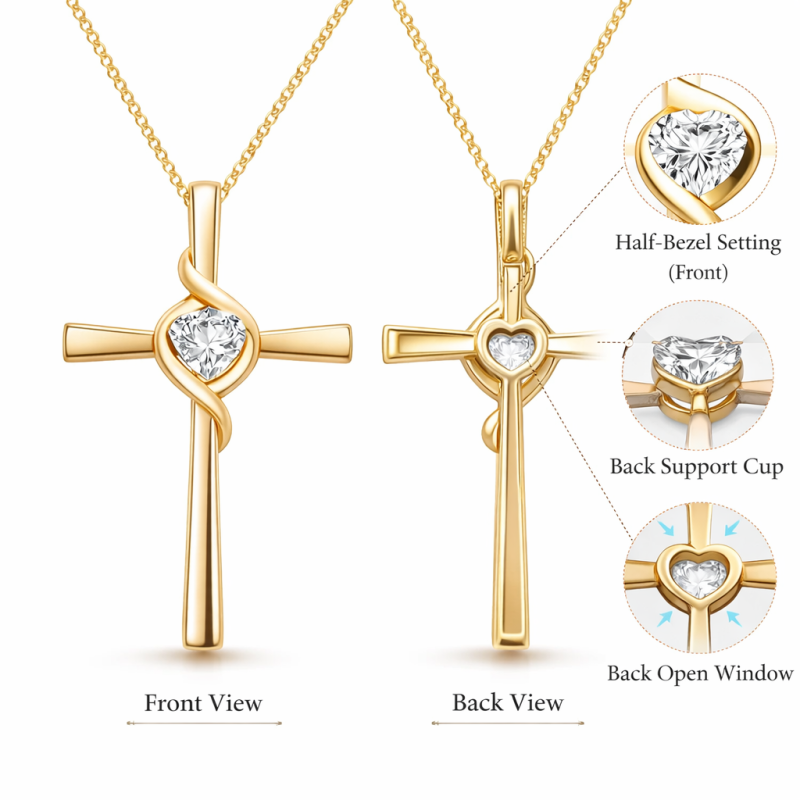 18K Gold Moissanite Women's Cross Pendant Necklace-4