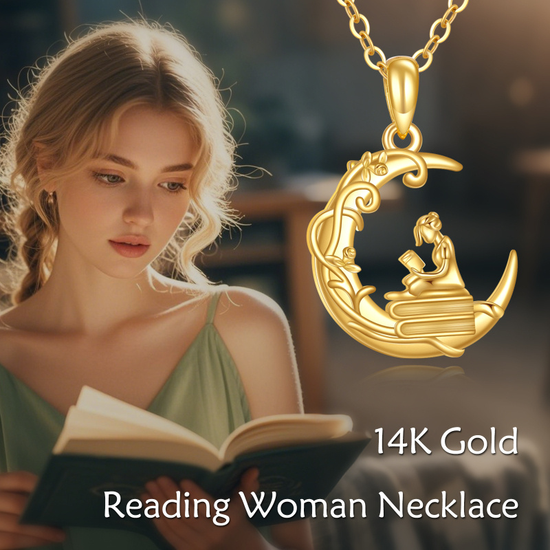 Collar con colgante de luna y niña leyendo en oro de 10 quilates-6