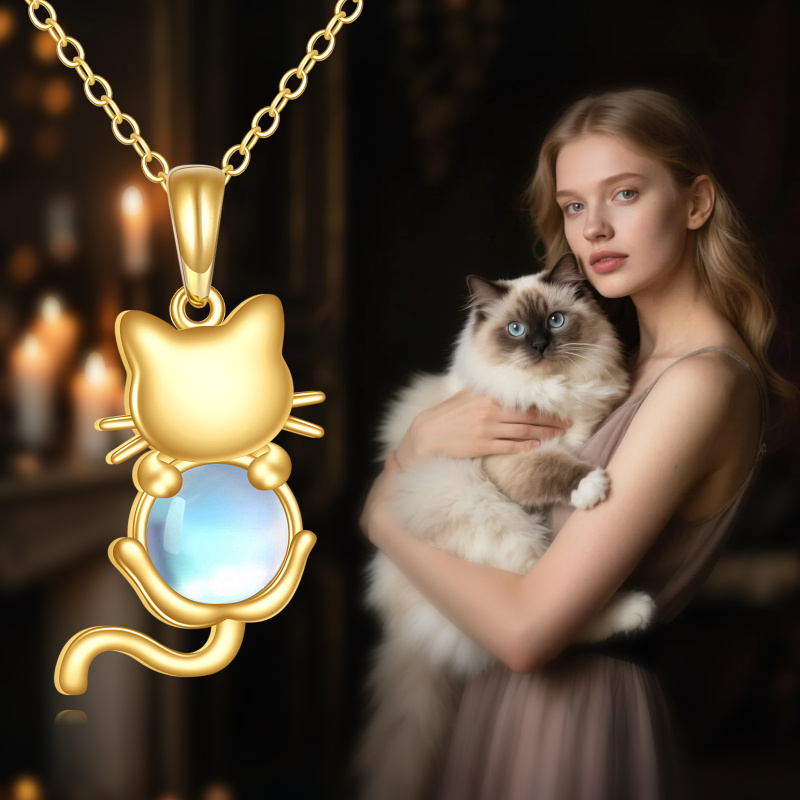 14K Gold Moonstone Cat Pendant Necklace-5