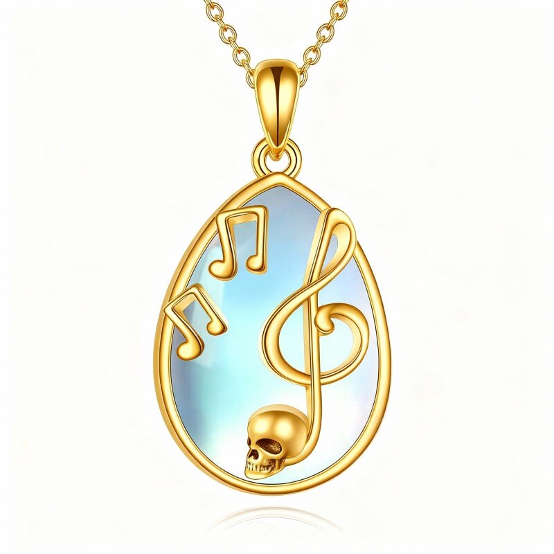 Collier pendentif en or 18 carats avec pierre de lune, symbole musical et crâne-1