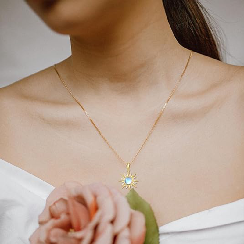 10K Gold Moonstone Sun Pendant Necklace-3