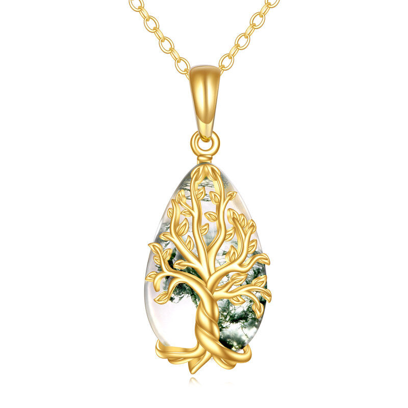 18K Gold Moss Agate Tree Of Life Pendant Necklace-1