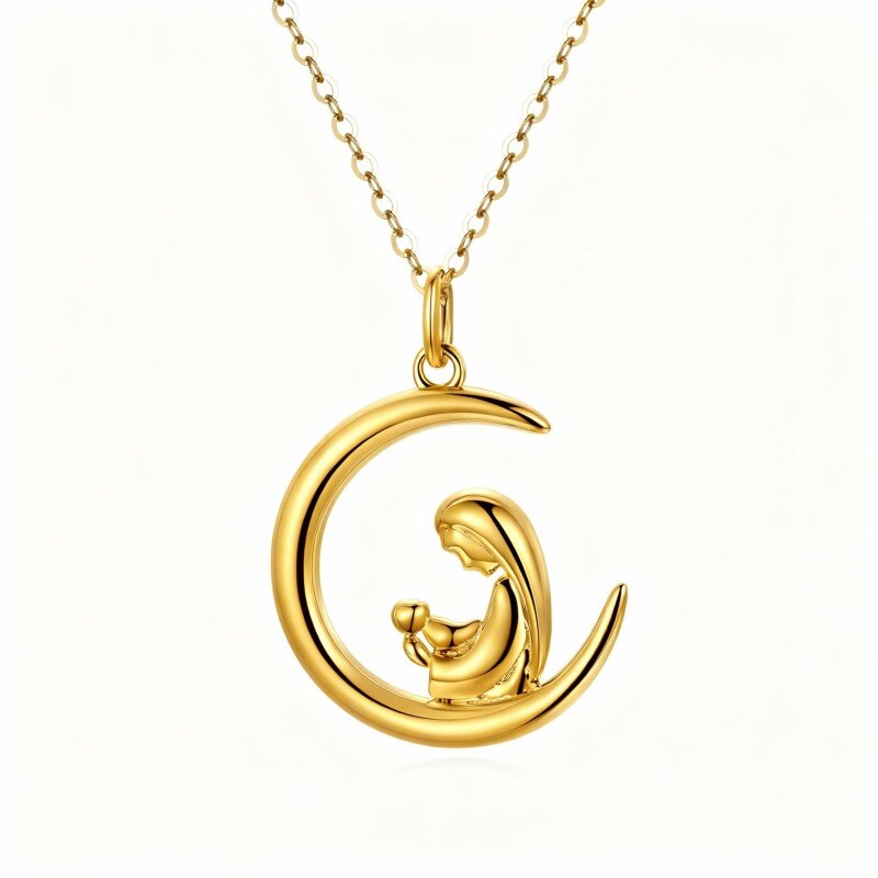 10K Gold Mother & Daughter & Moon Pendant Necklace-1