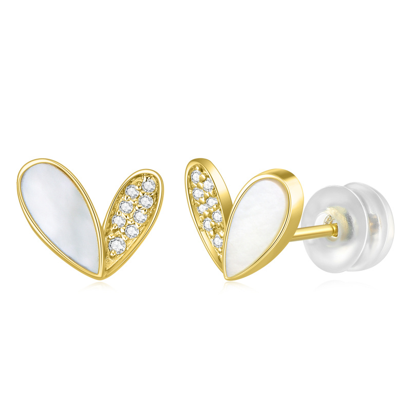 18K Gold Mother Of Pearl With Circula Cubic Zirconia Heart Stud Earrings-1