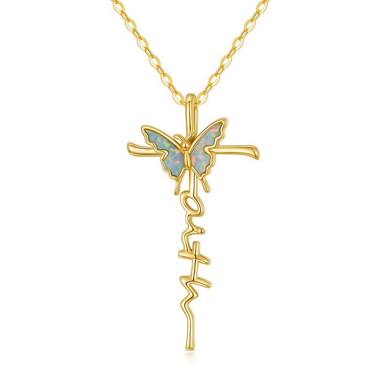10K Gold Opal Butterfly & Cross Pendant Necklace-1