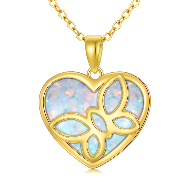 10K Gold Opal Butterfly & Heart Pendant Necklace-1