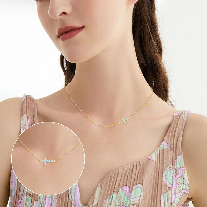 Collier pendentif croix en or 10 carats avec opale-2