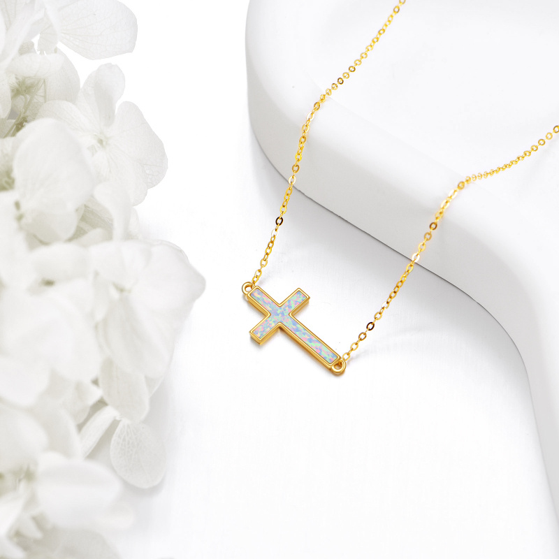 Collier pendentif croix en or 10 carats avec opale-3