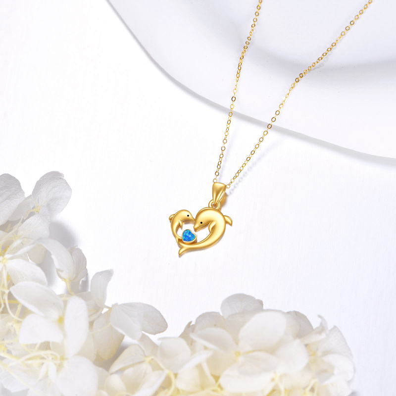Collier pendentif dauphin et cœur en or 10K avec opale-3