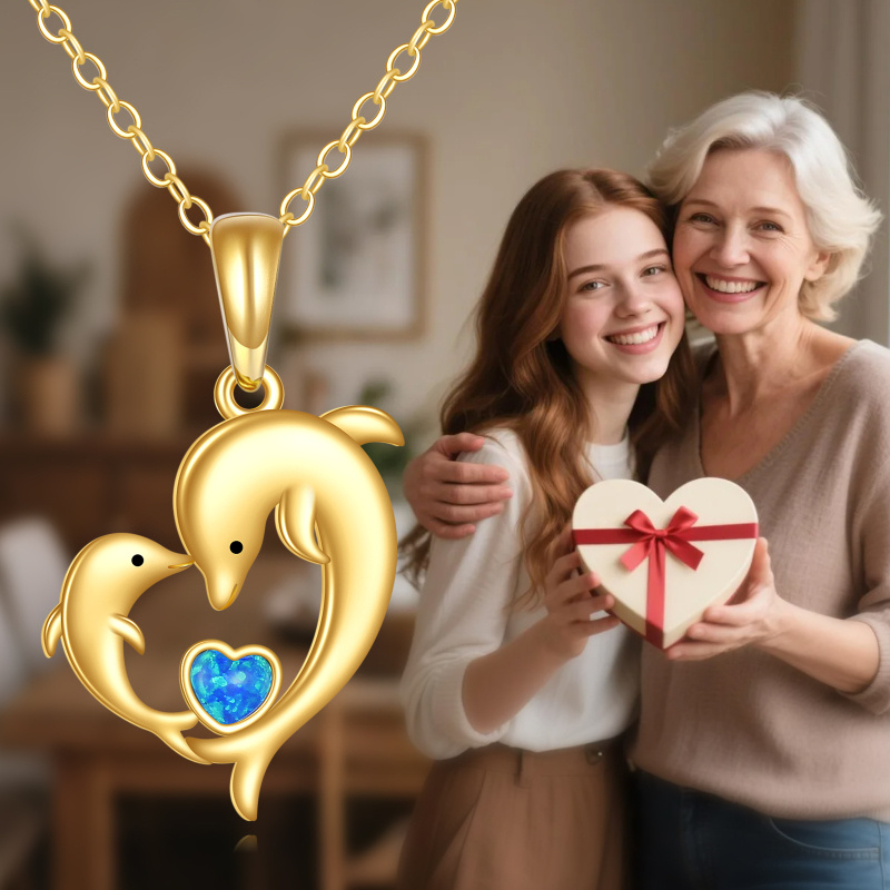 Collier pendentif dauphin et cœur en or 10K avec opale-5