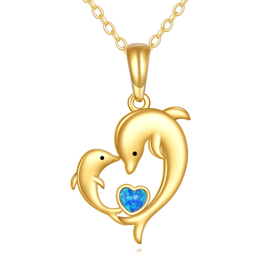 10K Gold Opal Dolphin & Heart Pendant Necklace