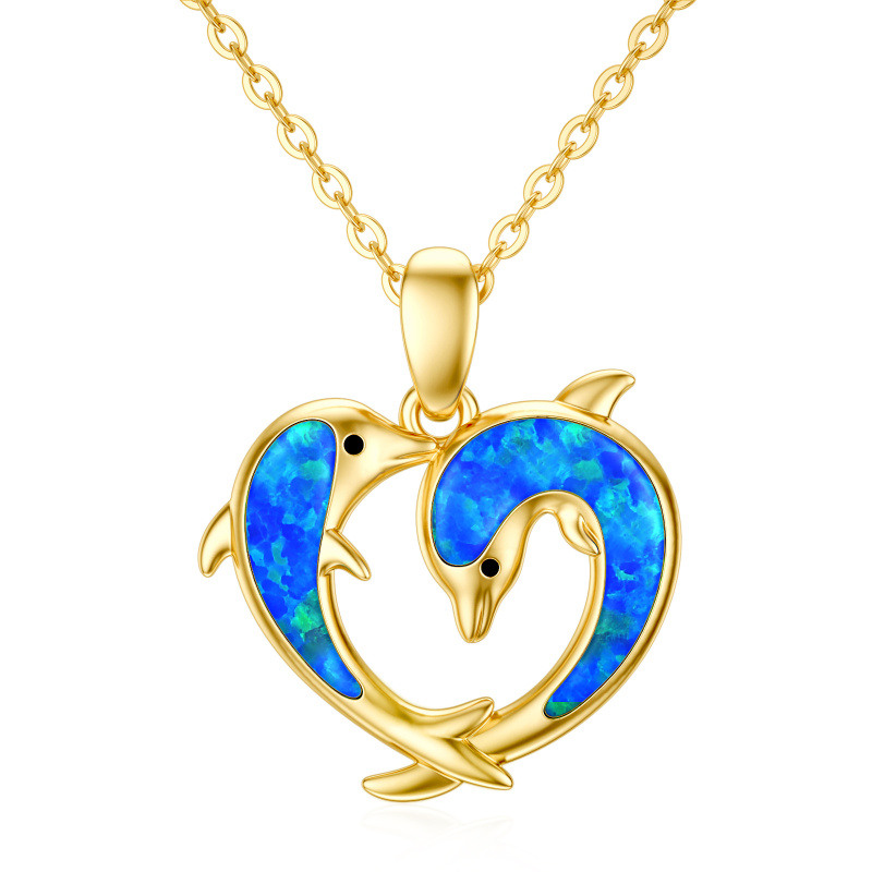 10K Gold Opal Dolphin & Heart Pendant Necklace-1