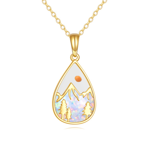 10K Gold Opal Drop Shape & Mustard Seeds Pendant Necklace