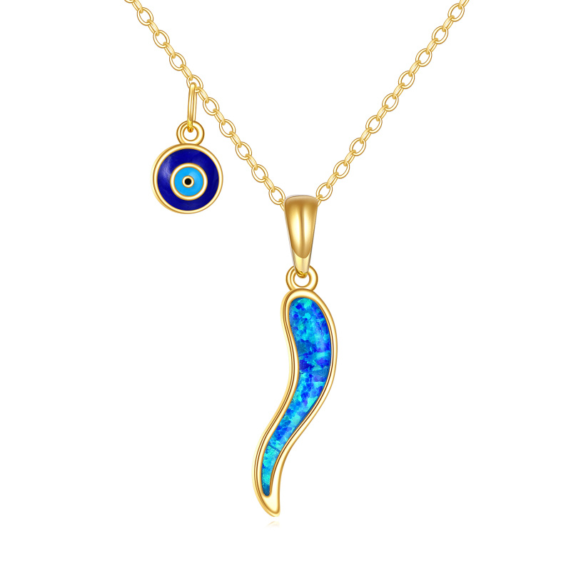 Halskette aus 18-karätigem Gold mit Opal-Anhänger „Böser Blick“ und italienischem Horn-1