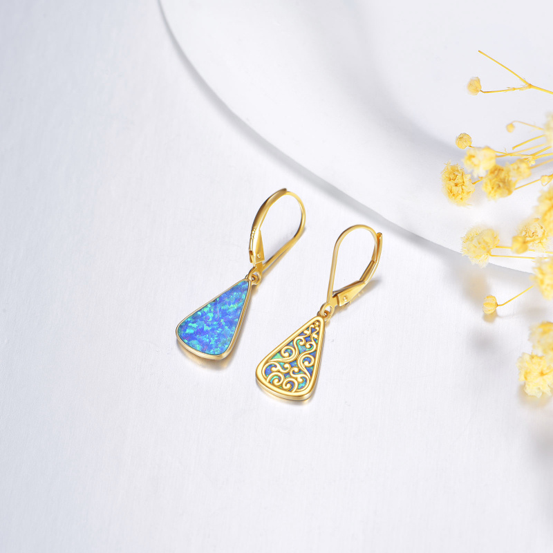 14K Gold Opal Filigree Drop Shape Lever-back Earrings-4