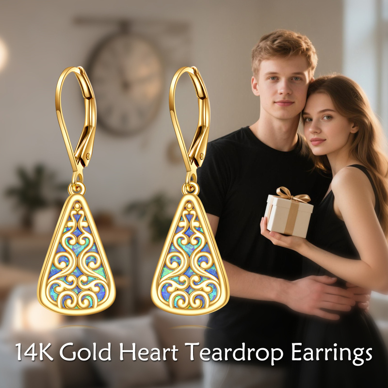 14K Gold Opal Filigree Drop Shape Lever-back Earrings-6