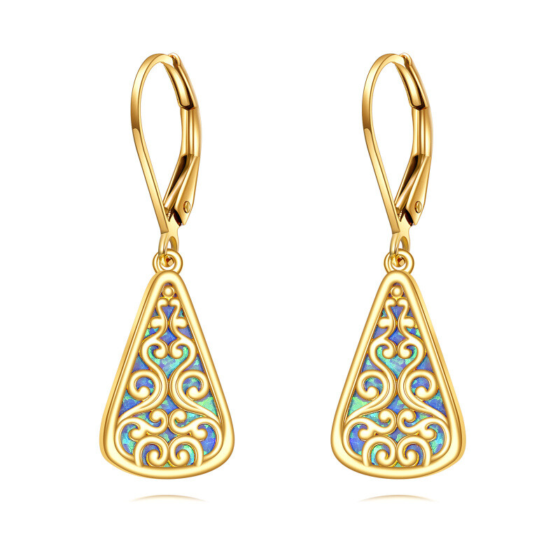 14K Gold Opal Filigree Drop Shape Lever-back Earrings-1
