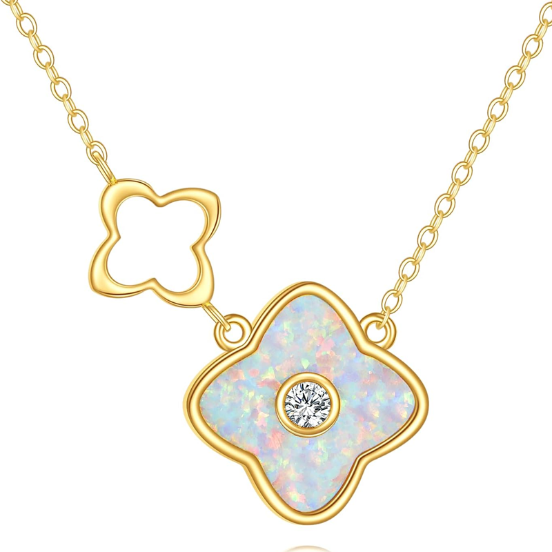 Halskette mit vierblättrigem Kleeblatt aus 14-karätigem Gold und Opal für Damen-1