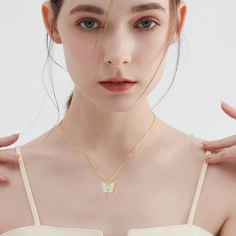 Sterling Silver with Gold Plated Opal Butterfly Pendant Necklace-2