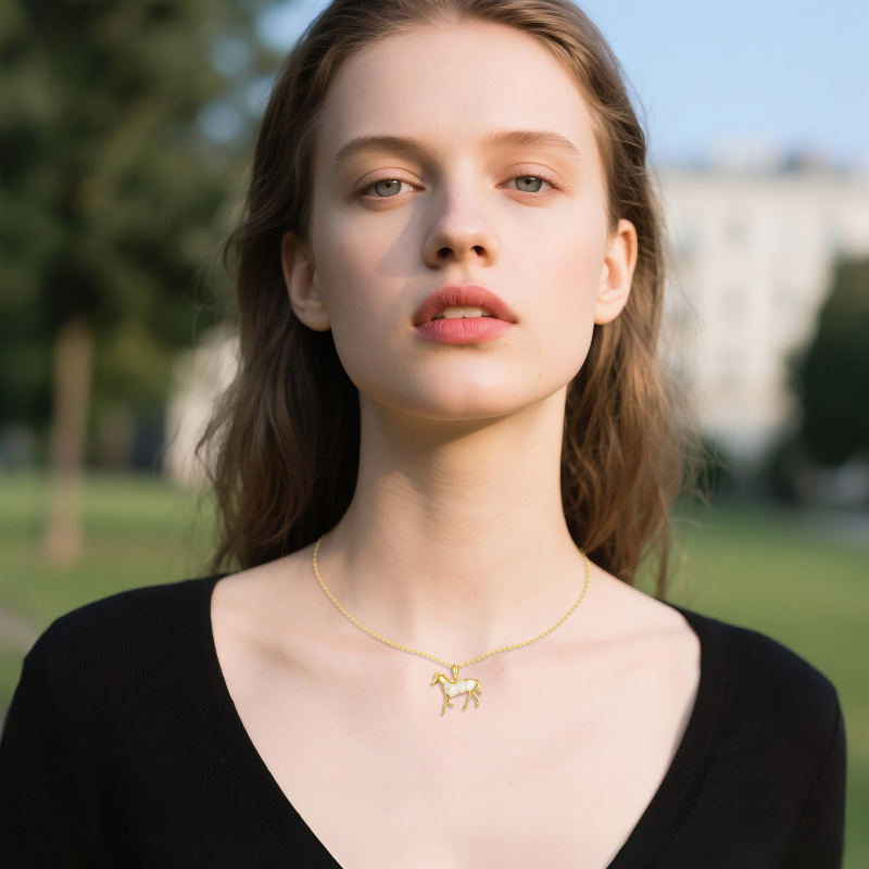18K Gold Opal Horse Pendant Necklace-2