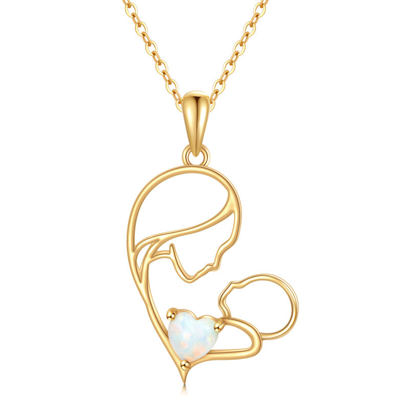 Collier pendentif cœur en or 18 carats et opale avec mère et enfant-1