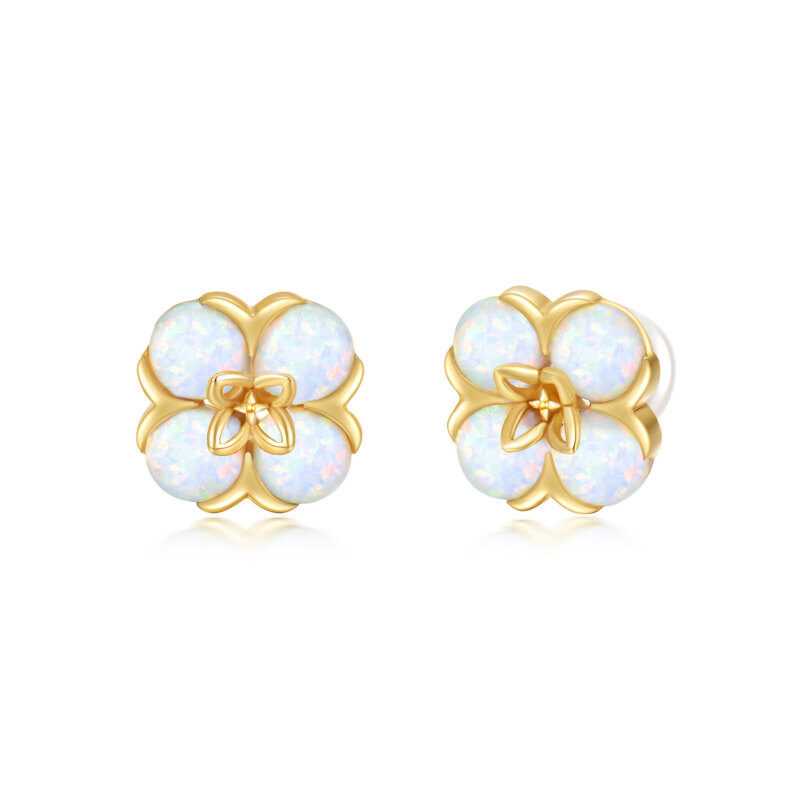 Boucles d'oreilles puces en or 18 carats et opale en forme de fleur de pêcher-1