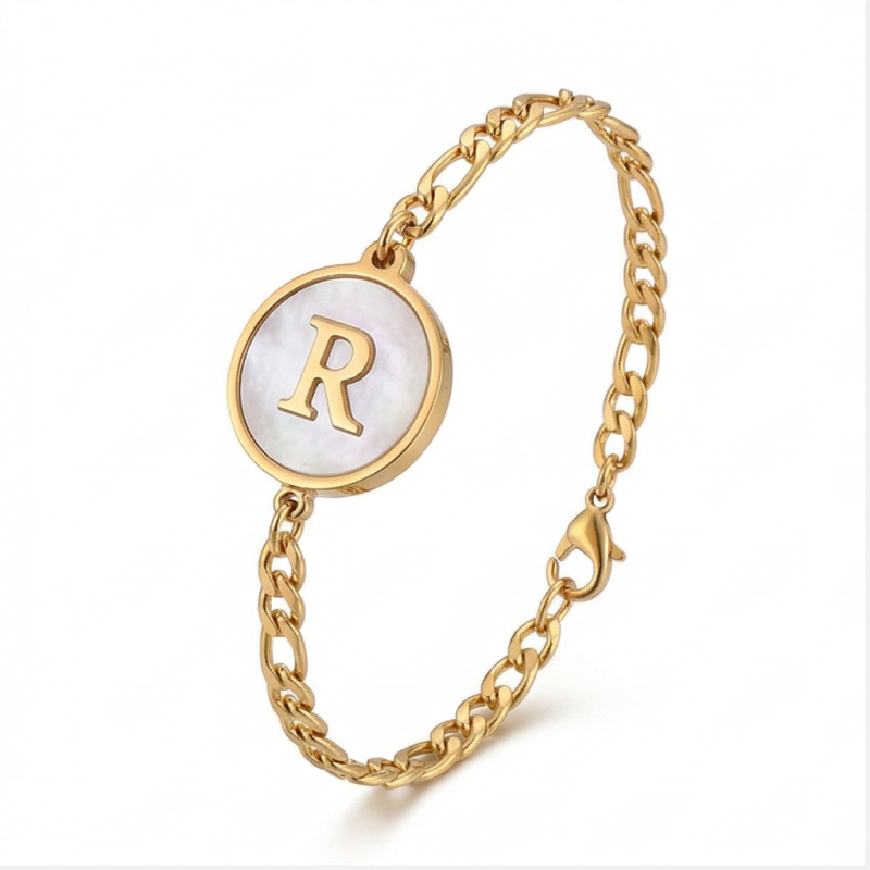 Pulsera con dije de ópalo y inicial personalizada en oro de 14 quilates para mujer.-3