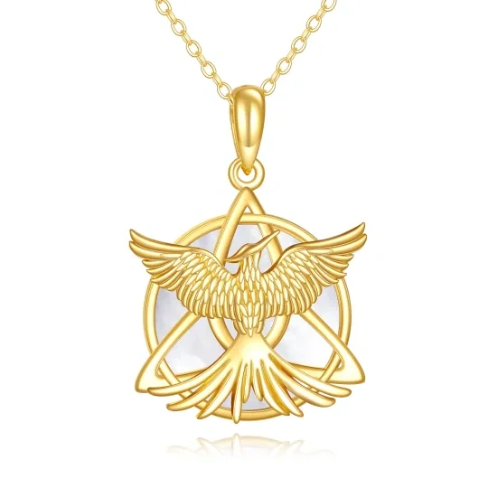 Halskette mit Anhänger aus 10-karätigem Gold, Opal, Phönix und keltischem Knoten