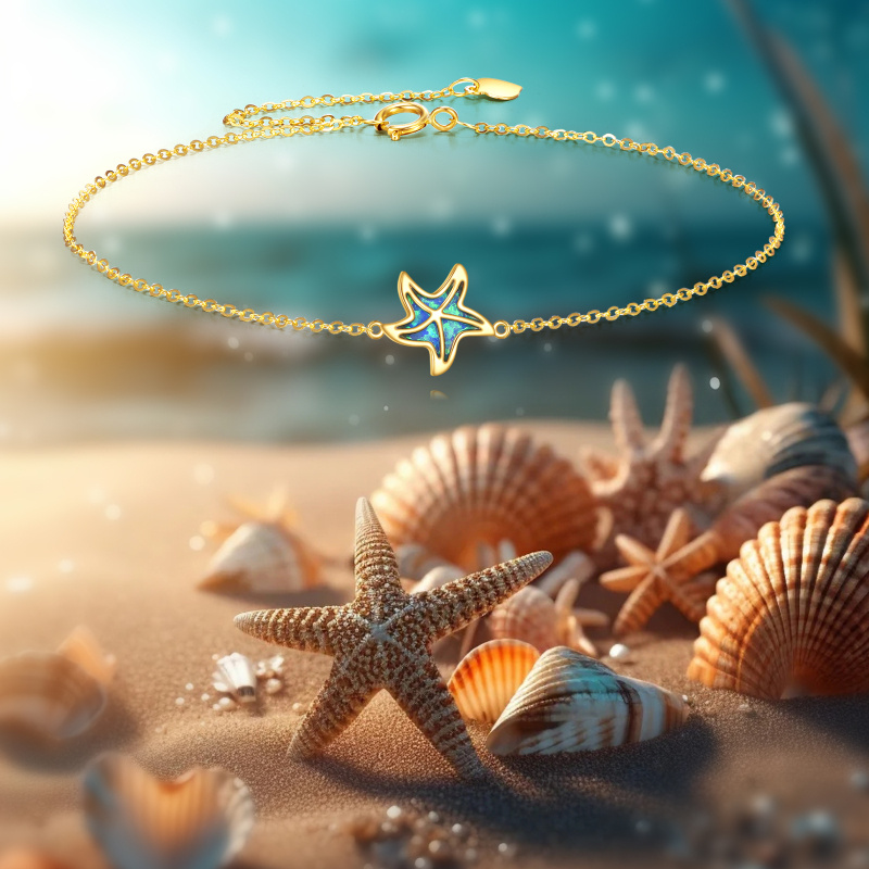 14K Gold Opal Starfish Single Layer Charm Anklet-5