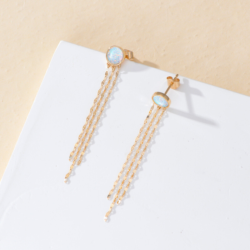 10K Gold Opal Tile Chain Stud Earrings-4
