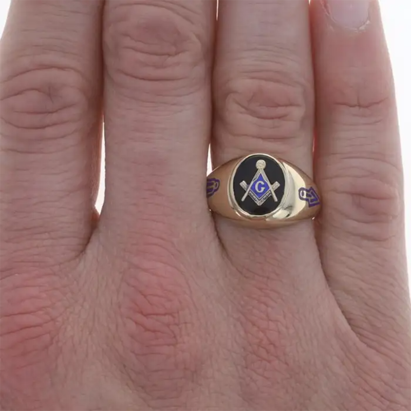 10K Gold Oval Cut Agate Freemason Signet Ring for Men-2