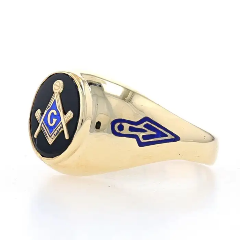 10K Gold Oval Cut Agate Freemason Signet Ring for Men-3