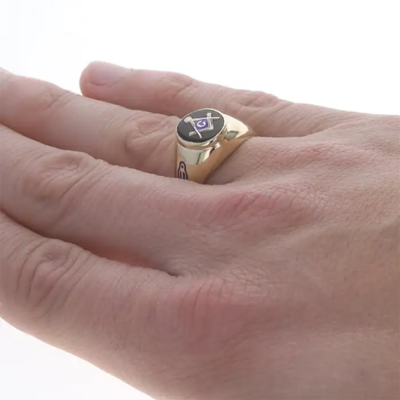 10K Gold Oval Cut Agate Freemason Signet Ring for Men-4