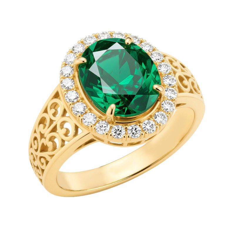 18K Gold Oval Cut Lab-Grown Emerald Halo Vintage Engagement Ring-1
