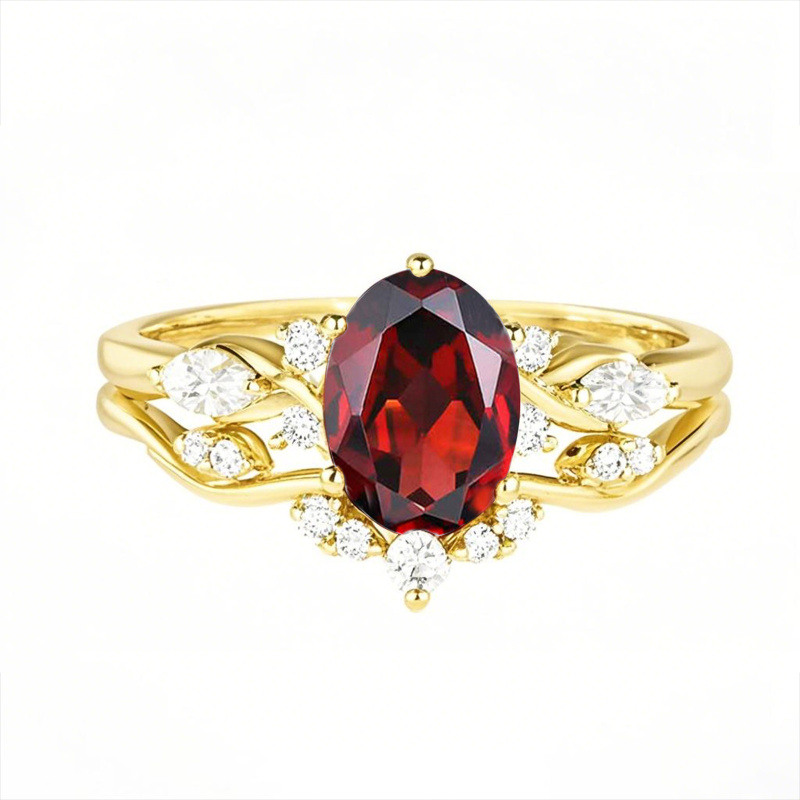Alliance de mariage en or 18 carats avec pierre de naissance ovale et diamant-1