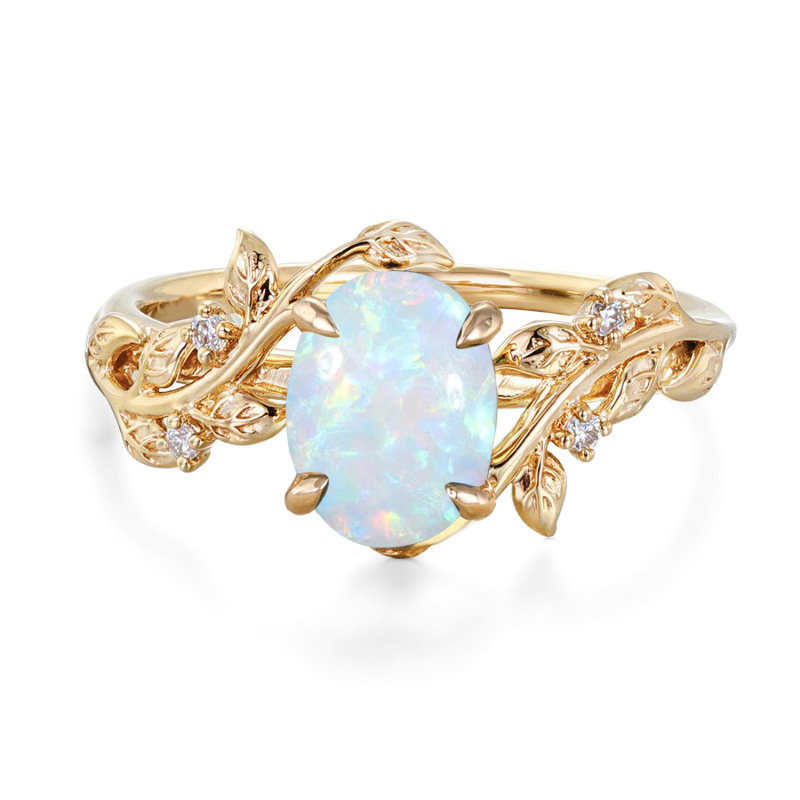 Bague de fiançailles ovale en or 14 carats, motif lierre, inspirée de la nature, pierre de naissance, feuille et vigne, style Art déco, bague de promesse d'anniversaire-1